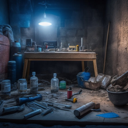 A messy, cracked concrete wall with a few broken bricks, surrounded by renovation tools and epoxy injection kit components, including syringes, tubes, and resin bottles, in a dimly lit, cluttered workspace.