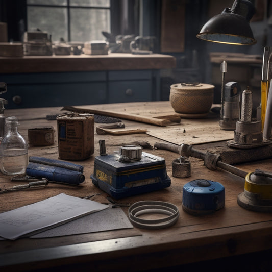 A cluttered workshop table with various mixing drills in the background, a measuring tape, and a renovation blueprint, with a single, worn-out mixing drill in the foreground, spotlighted.