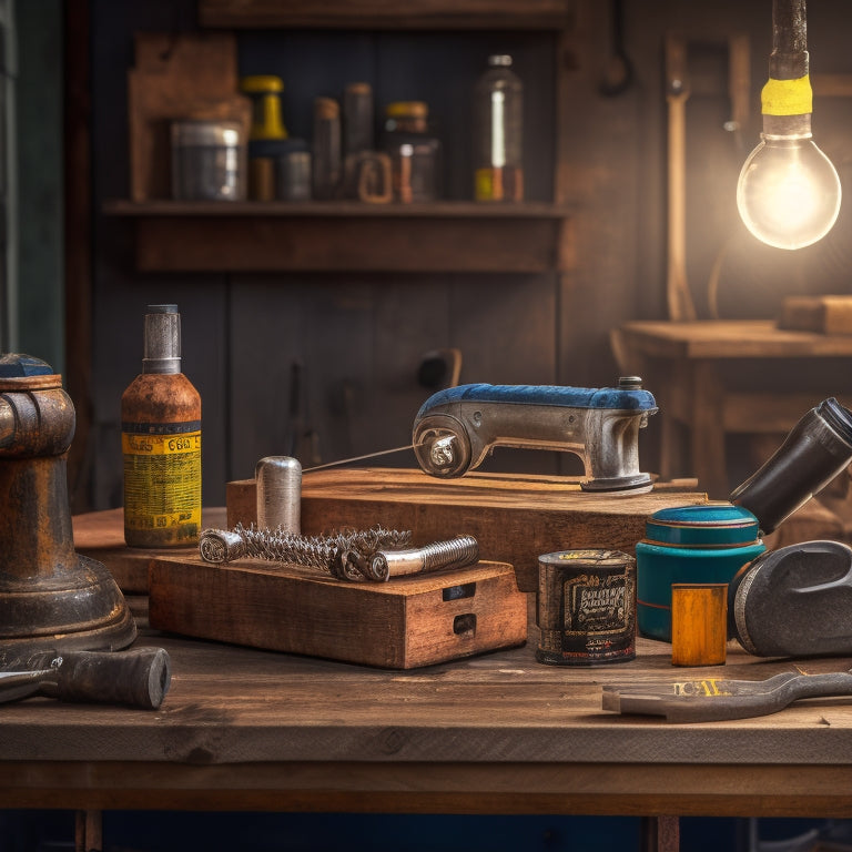 An illustration of a worn-out hammer, drill, and saw, with a subtle glow around them, surrounded by maintenance tools and icons, such as a oil can, wrench, and calendar, on a wooden workbench.