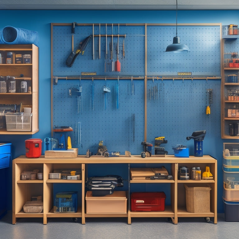 A tidy workshop with a pegboard covered in neatly organized tools, a rolling cabinet with labeled drawers, and a shelf with stacked plastic bins, set against a clean and minimalist background.