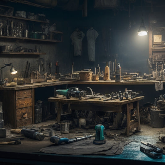 A cluttered, dimly lit garage sale scene with a workbench in the center, surrounded by scattered renovation tools, including a cordless drill, rusty wrench, and vintage level, with a faint cityscape in the background.