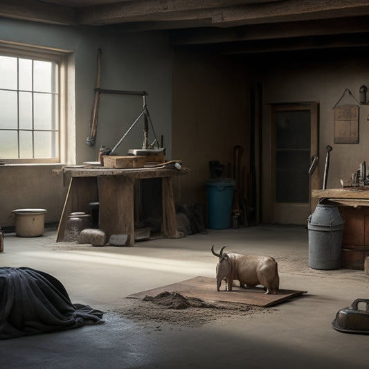 A cluttered, well-lit workshop background with various concrete finishing tools scattered around, including a bull float, edger, trowel, and finishing broom, with a partially finished concrete floor in the foreground.