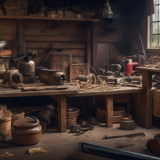 A cluttered workshop with various grinders on a wooden workbench, surrounded by renovation tools, scattered wood shavings, and a partially renovated wall in the background.