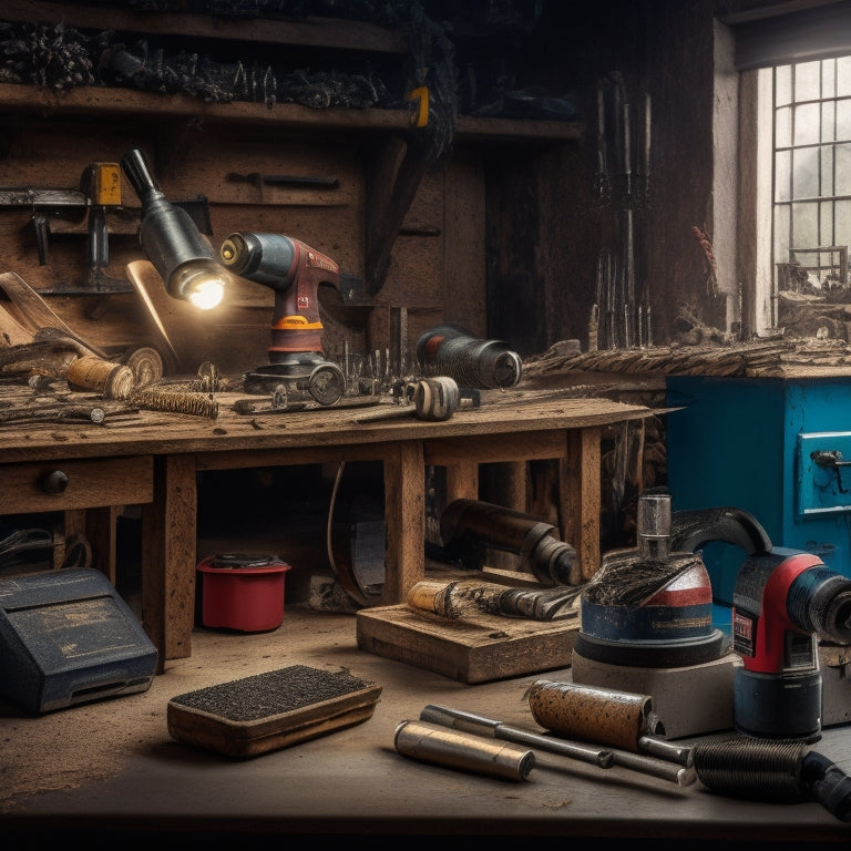 A cluttered workshop background with a drill press, impact driver, rotary hammer, and cordless drill displayed prominently, surrounded by scattered drill bits, screws, and other renovation tools.