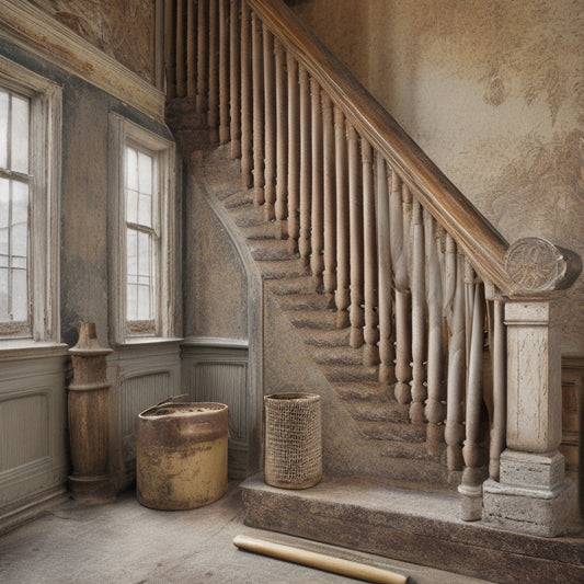 A worn, wooden banister curves upward, surrounded by peeling wallpaper and faded portraits, with various edging tools scattered around, including a putty knife, scraper, and sanding block.