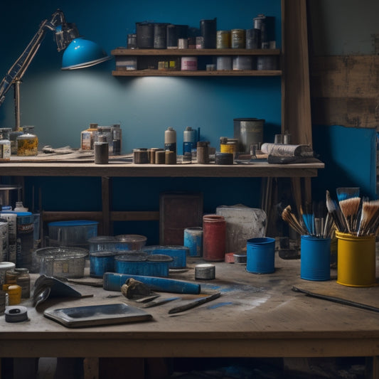 A well-lit, clutter-free workbench with three high-quality paintbrushes of varying sizes, arranged diagonally, surrounded by paint cans, rollers, and a subtle DIY renovation background.