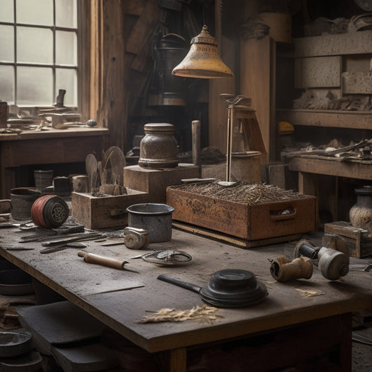 A cluttered workshop table with various grinders, including angle, die, and bench grinders, surrounded by renovation tools, wood shavings, and a partially renovated wooden door in the background.