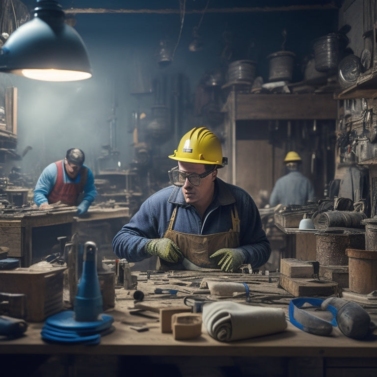 A cluttered workshop with a DIY renovator in the background, surrounded by power tools and renovation materials, wearing a hard hat, safety goggles, ear protection, gloves, and a dust mask.