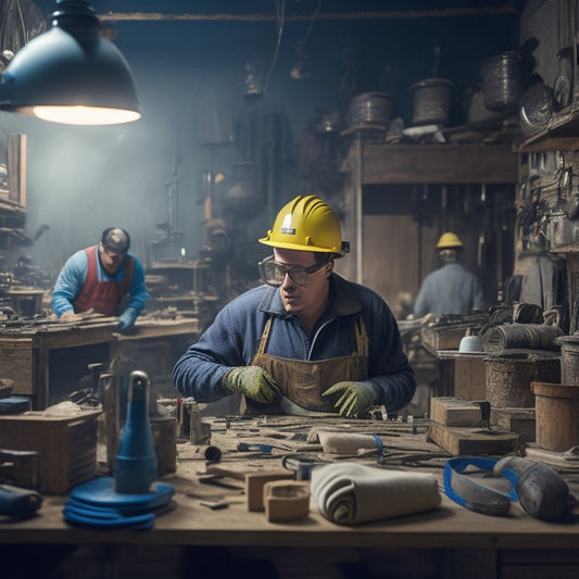 A cluttered workshop with a DIY renovator in the background, surrounded by power tools and renovation materials, wearing a hard hat, safety goggles, ear protection, gloves, and a dust mask.