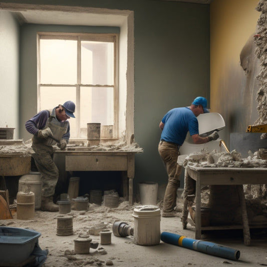 A messy renovation site with plaster-covered walls, drills and toolboxes scattered around, a person in the background holding a drill, with a mix of old and new plastering materials in the foreground.