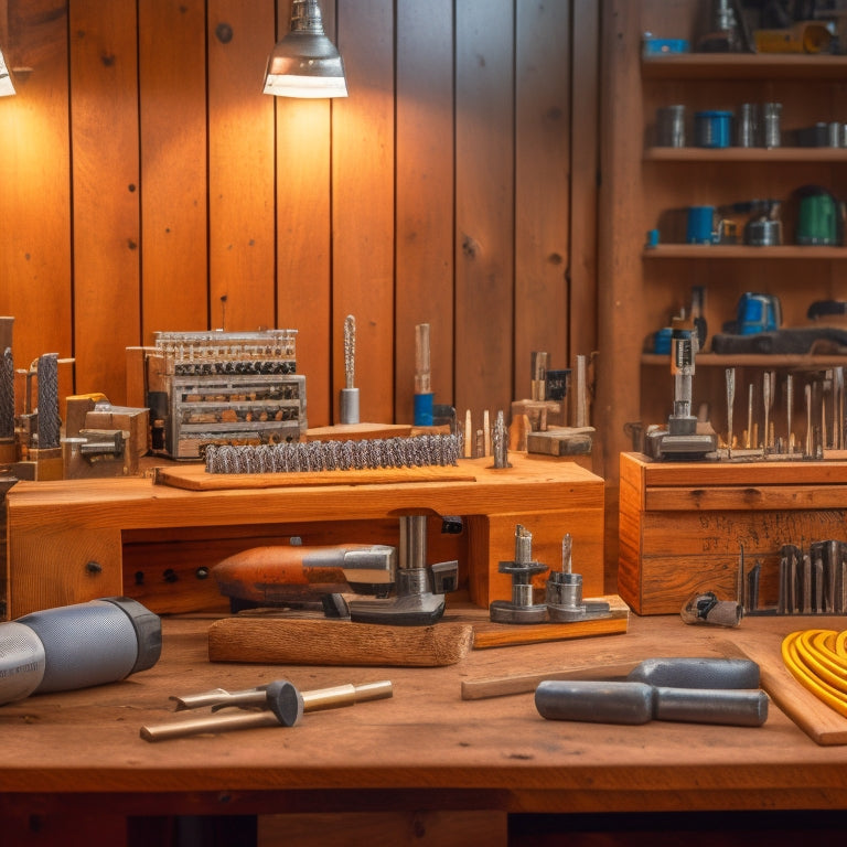 A close-up of a wooden workbench with a variety of drill bits, including twist bits, spade bits, hole saws, and masonry bits, arranged in a neat and organized manner, with a drill press in the background.