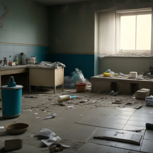 A messy, partially demolished room with scattered cinder blocks, dust, and debris, alongside a few cleaning products and tools, with a faint outline of a sparkling clean floor in the background.