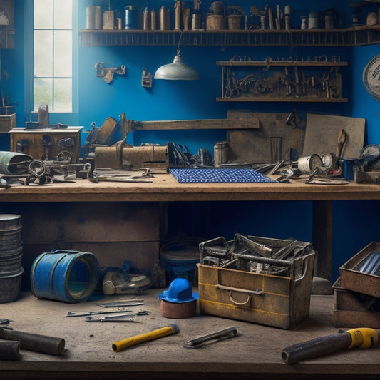 A cluttered workshop background with scattered tools and blueprints, featuring a prominent, well-organized toolbox in the center, with a hammer and tape measure laid out in a deliberate, symmetrical pattern.