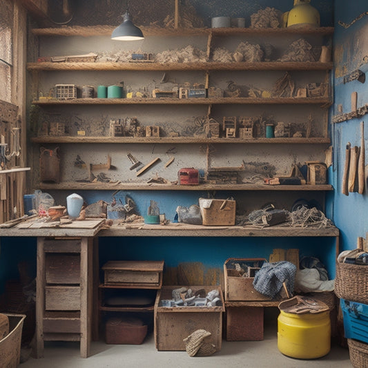 A cluttered DIY workshop with plasterboard scraps, tools, and materials, transformed with creative storage solutions: repurposed crates, hooks, and shelves, showcasing organized chaos.