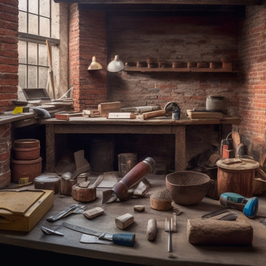 A cluttered but organized workspace with various masonry tools laid out on a wooden table, including a trowel, level, hammer, and spirit level, surrounded by bricks and mortar.