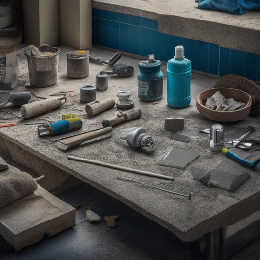 A cluttered home renovation workspace with various concrete crack repair tools scattered around, including a caulk gun, chisel, wire brush, and patching compound, amidst cracked concrete slabs and broken tiles.