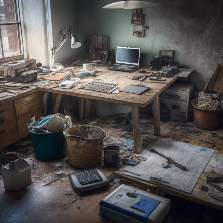 A messy, cluttered room with torn flooring, exposed wiring, and scattered renovation tools, contrasted with a clean, organized desk in the corner, featuring a laptop, calculator, and a neatly printed budget spreadsheet.