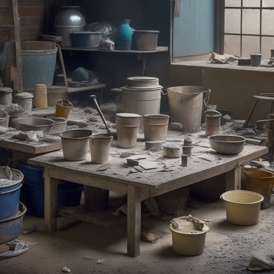 A cluttered workshop table with various plaster mixing drills, buckets, and mixing paddles scattered around, with a partially mixed bucket of plaster in the center, surrounded by scattered dust and debris.