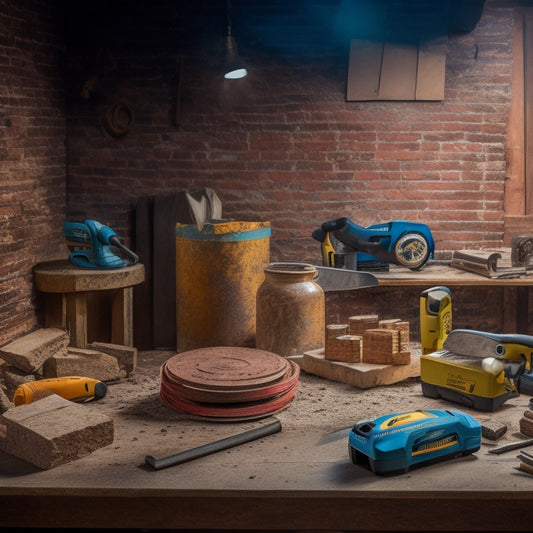 A cluttered workshop table with a brick wall backdrop, featuring a circular saw, impact driver, demolition hammer, and trowel, surrounded by scattered bricks, mortar, and dust.
