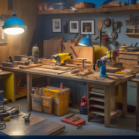 A cluttered but organized workspace with a half-renovated background, featuring a table saw, drill press, impact driver, level, tape measure, and a toolbox filled with various gadgets and tools.