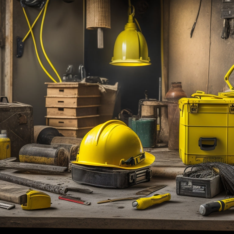 A cluttered renovation site with a yellow hard hat, safety goggles, and a toolbox in the foreground, surrounded by exposed wiring, power tools, and construction materials in the background.