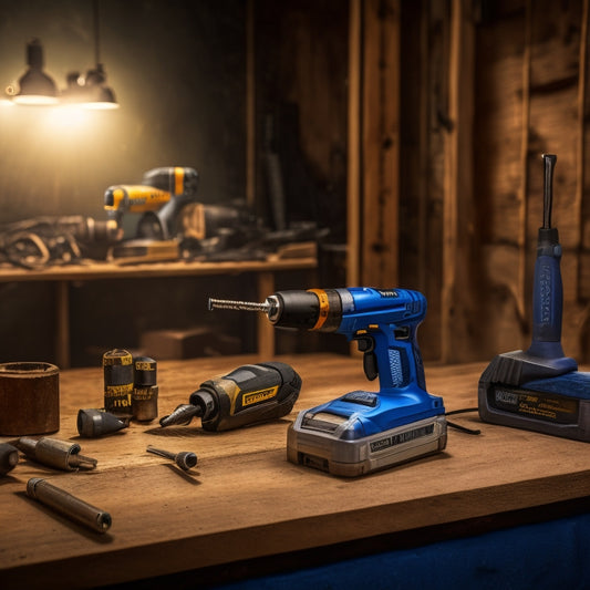 A well-lit workshop background with a hammer drill, impact driver, and cordless drill on a wooden workbench, surrounded by various drill bits, screwdriver sets, and a level, with a faint renovation site blurred in the background.