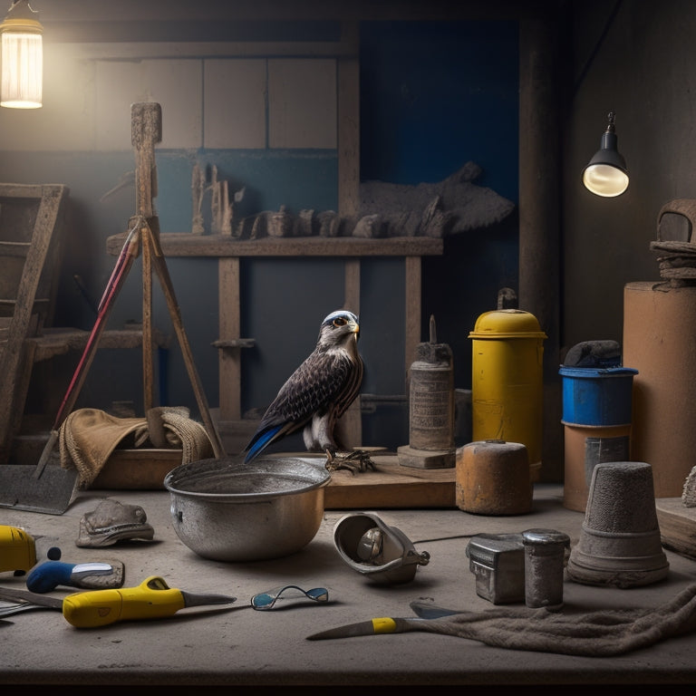 A well-lit workshop background with various plastering tools arranged neatly, including a hawk, trowel, float, sanding block, dust mask, safety goggles, and a ladder, all in a safe and organized manner.