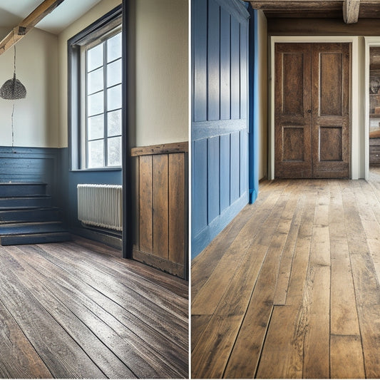 A split-screen image featuring a distressed, worn wooden floor on the left, and the same floor refinished with a perfect texture match on the right, with a subtle gradient of renovation tools in the background.