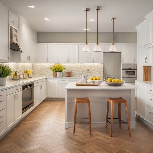 A modern, well-lit, and organized block corner renovation scene with a mix of sleek, white cabinets, polished chrome fixtures, and warm, honey-brown hardwood floors, surrounded by tasteful decorative accents.