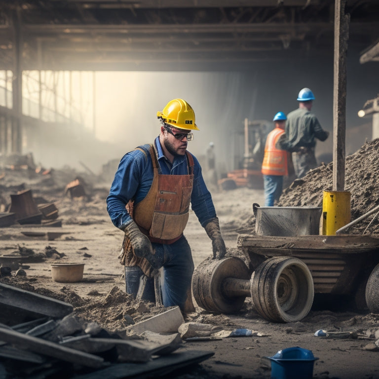 A messy construction site with a worker in the background, wearing a hard hat, safety goggles, and a dust mask, amidst scattered tools and debris, with a blurred-out "before" renovation area in the foreground.