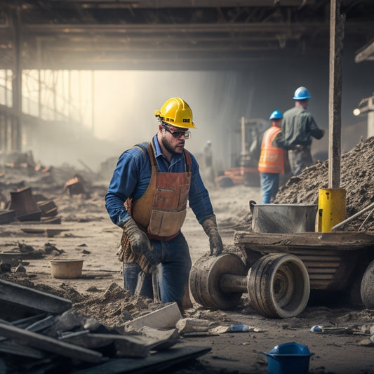 A messy construction site with a worker in the background, wearing a hard hat, safety goggles, and a dust mask, amidst scattered tools and debris, with a blurred-out "before" renovation area in the foreground.