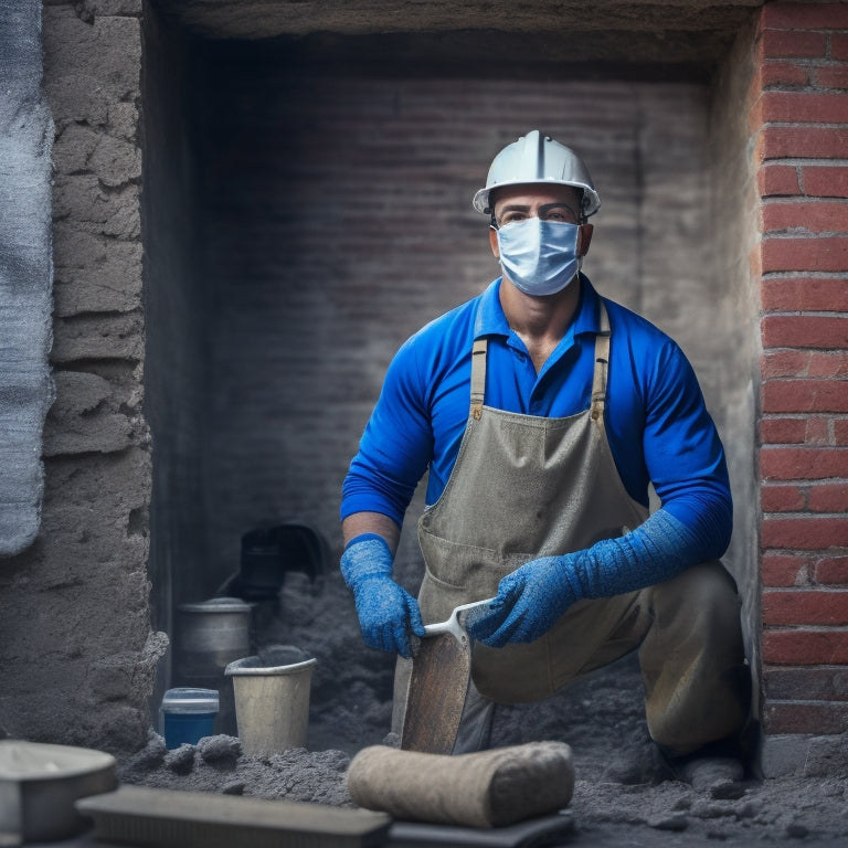 A photograph of a person wearing a dust mask and gloves, holding a trowel and standing in front of a partially renovated cinder block wall with exposed brick, surrounded by renovation tools.