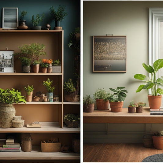 A split-screen image: a cluttered, dimly lit room with empty spaces on shelves and a calendar in the background, versus a bright, organized room with potted plants in stylish planters and a calendar with marked deadlines.