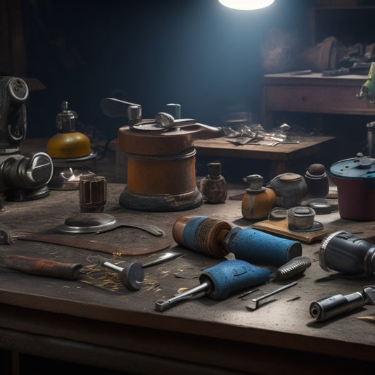 A cluttered workshop table with various grinding tools, including an angle grinder, die grinder, and belt grinder, surrounded by sparks, metal shavings, and a partially sanded metal pipe.