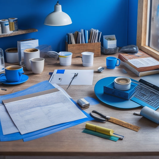 A cluttered home office desk with a laptop, coffee cup, and scattered papers, surrounded by rolled-up blueprints, a tape measure, and a few paint swatches, with a subtle background of a renovated room.