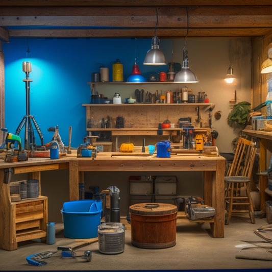 A clutter-free, well-lit workshop with a variety of mixing tools, including a cordless drill, mixing buckets, putty knives, and a spiral mixer, organized on a wooden workbench with a small renovation project in the background.