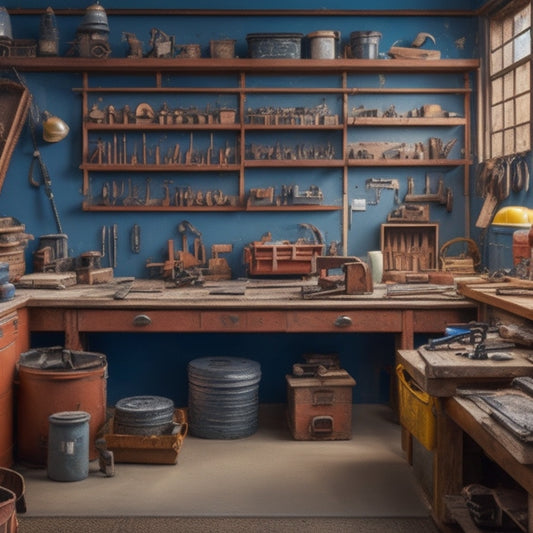 A cluttered workshop background with various toolboxes, shelves, and a workbench in the center, featuring a measuring tape, pliers, wrench, drill, and a folded blueprint.