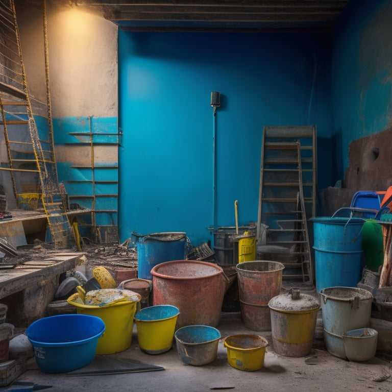 A cluttered construction site with a mix of old and new exterior plaster walls, surrounded by scattered tools, ladders, and buckets, with a few tools highlighted in bright colors.