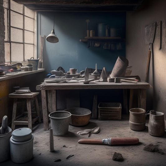A messy workbench with masonry tools scattered around, a broken trowel lying on its side, a half-filled bucket of mortar in the background, and a faint blueprint of a house in the corner.