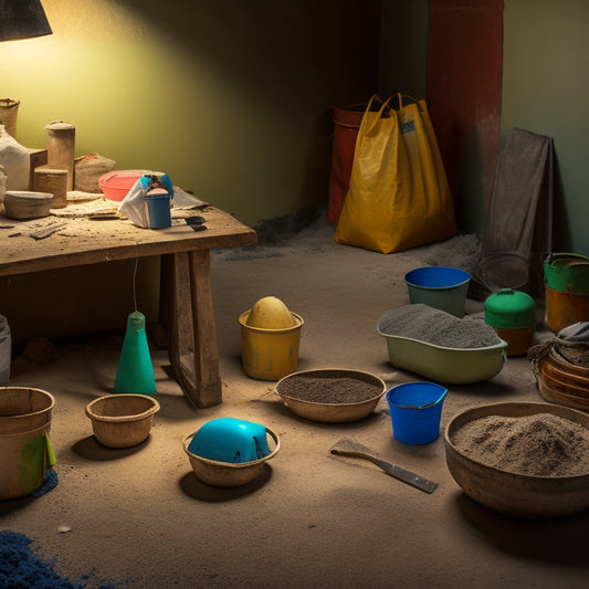 A messy, well-lit workspace with scattered plastering tools, including a trowel, bucket, and mixing stick, surrounded by bags of cement, sand, and lime, with a partially plastered wall in the background.