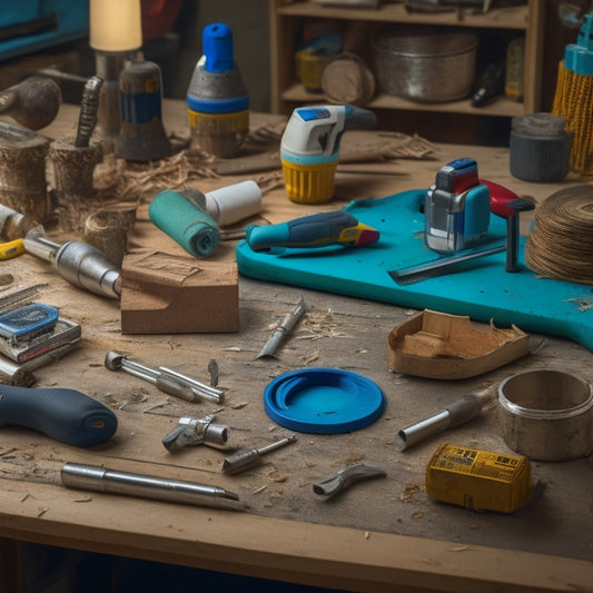 A cluttered but organized workshop table with various small renovation tools, including a cordless drill, level, tape measure, and a miniature DIY project in progress, surrounded by scattered screws and wood shavings.