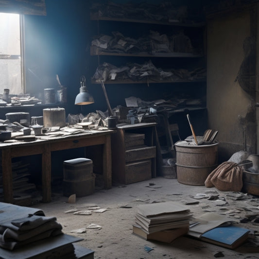 A messy workshop with scattered plastering tools, a half-finished plastered wall, and a few open books with dog-eared pages, surrounded by dust and scattered debris.