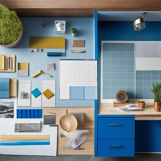 A serene, well-organized renovation planning space with a large, wooden desk, a rolled-out blueprint, colorful design swatches, and a few, strategically-placed, sleek, modern architectural models.