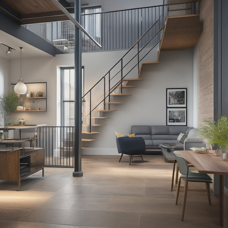 A clutter-free, well-lit interior space with a newly renovated step block area, featuring a mix of modern and industrial design elements, including sleek metal handrails and wooden accents.