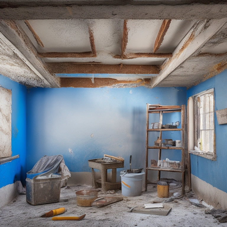 A messy ceiling with water damage, peeling paint, and crumbling plaster, surrounded by scattered tools such as a putty knife, joint compound, and a ladder, with a bucket and drop cloth nearby.