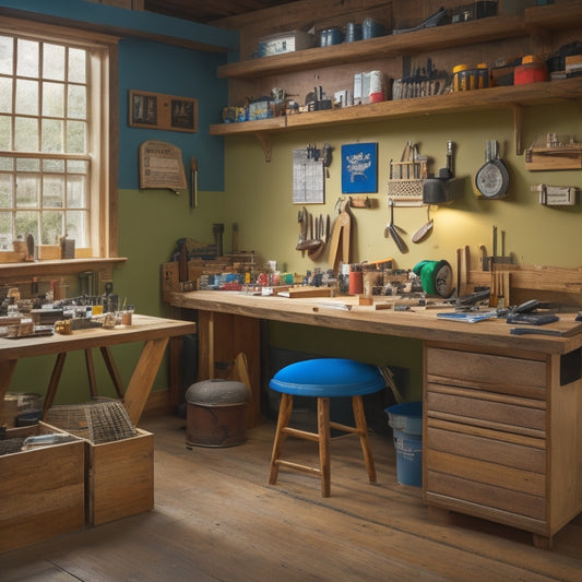 A clutter-free workshop with a wooden workbench, surrounded by organized tools and materials, including a tape measure, level, hammer, and power drill, with a partially renovated room in the background.