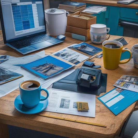 A cluttered desk with scattered blueprints, color swatches, and renovation brochures, with a laptop and tablet in the background, surrounded by coffee cups and a partially filled toolbox.