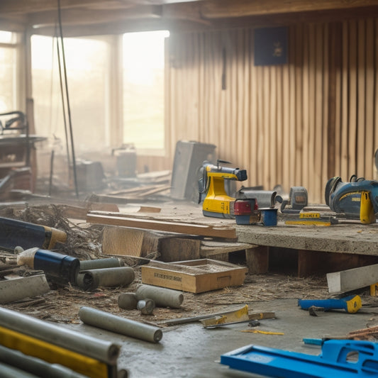 A cluttered renovation site with multiple saws of varying sizes and types scattered around, surrounded by wooden planks, power cords, and construction debris, with a blurred background of half-built walls.