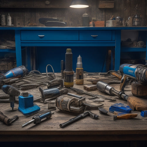 A cluttered workshop table with various pneumatic renovation tools, including a drill, impact wrench, and sanders, alongside scattered screws, wires, and metal scraps, with a faint hint of dust and oil stains.