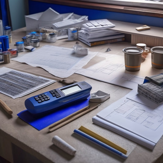 An architect's desk with rolled-up blueprints, a calculator, and a pencil, surrounded by scattered renovation materials like paint swatches, tile samples, and a miniature 3D house model.